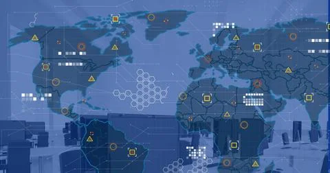 Image of financial data processing and world map over office with computers.. Foto stock