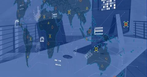Image of financial data processing and world map over office with computer .. Stock Photos