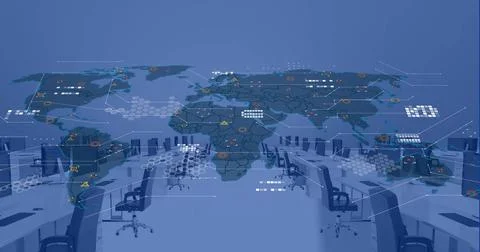 Image of financial data processing and world map over office with computers.. Stock Photos