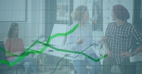 Image of financial data processing and green lines over business people wor.. Stock Photos