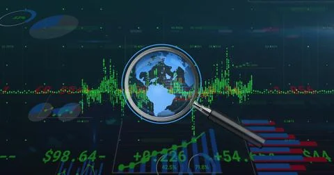 Image of financial data processing and magnifying glass over navy background Stock Photos