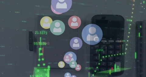 Image of financial data processing and icons over calculator on desk Stock Photos