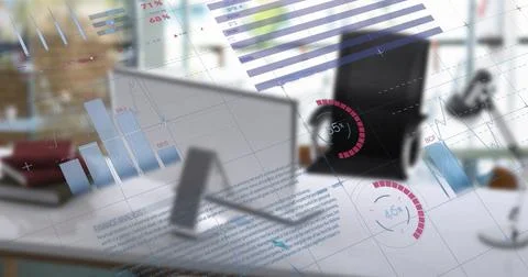 Image of financial data processing and statistics over empty office 库存照片