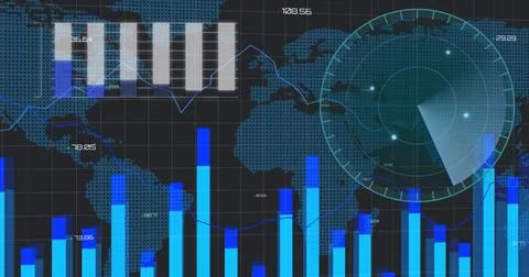 Image of financial data processing and scope scanning over world map Foto stock