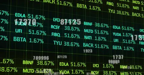 Image of financial data processing and numbers over grid 스톡 사진