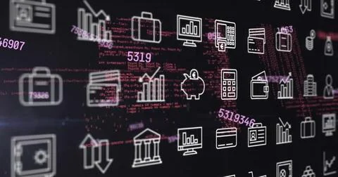 Image of financial data processing and rows of business icons over dark 스톡 사진