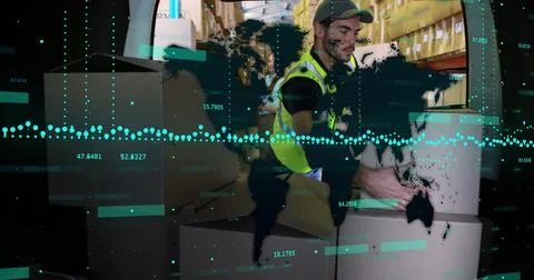 Image of financial data processing and world map over caucasian delivery man Stock Photos