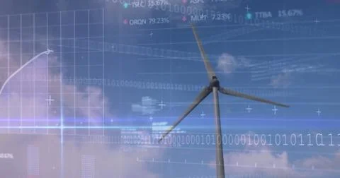 Image of financial data processing and binary coding over wind turbine Stock Photos