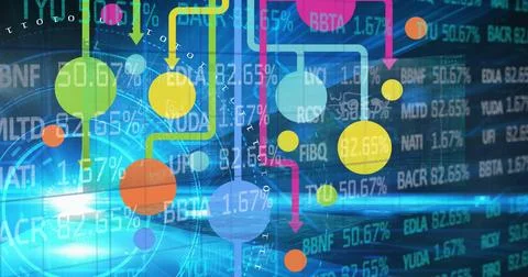 Image of financial data processing and network of connections over scopes Stock Photos