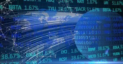 Image of financial data processing and binary coding processing on globe Stock Photos