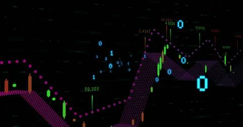Image of financial data processing and binary coding against black background 库存照片