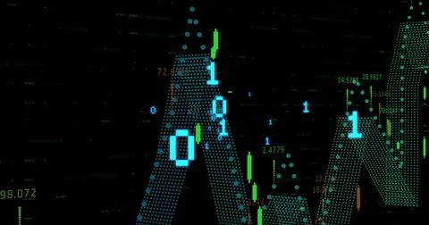 Image of financial data processing and binary coding against black background Stock Photos