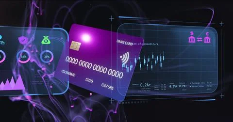 Image of financial data processing and credit card over light trails on black 스톡 사진