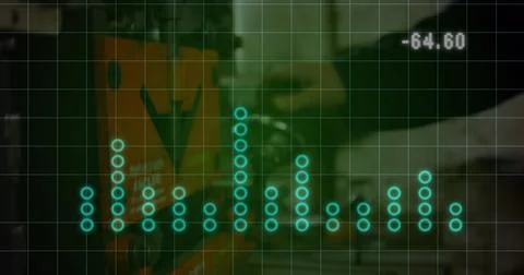 Image of financial data processing and statistics over caucasian man working in Foto stock