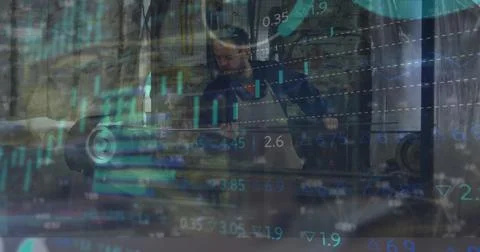 Image of financial data processing and statistics over caucasian man working in Stock Photos