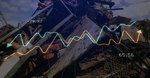 Image of financial data processing and statistics over machinery in wasteland Stock Photos