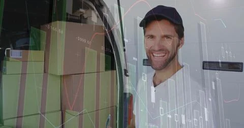Image of financial data processing and caucasian delivery man Stock Photos