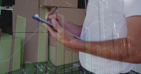 Image of financial data processing and caucasian delivery man Foto stock