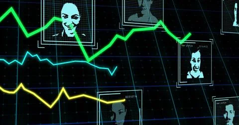 Image of financial data processing and biometric photos over black background 写真素材