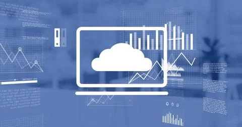Image of financial data processing and icons over desk in office 스톡 사진