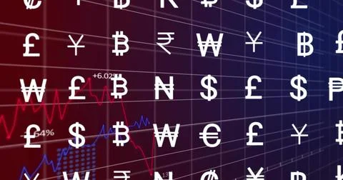 Image of financial data processing and currency on grid over dark background Stockfoto's