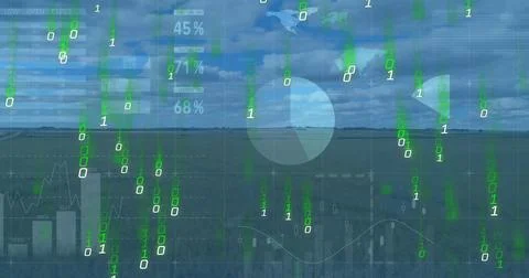 Image of financial data processing and binary coding over landscape Stock Photos
