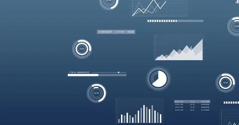 Image of financial data processing and statistics over blue background 스톡 사진
