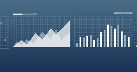 Image of financial data processing and statistics over blue background Stock Photos