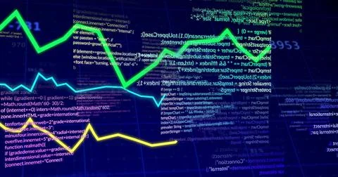 Image of financial data processing and lines over dark background 스톡 사진