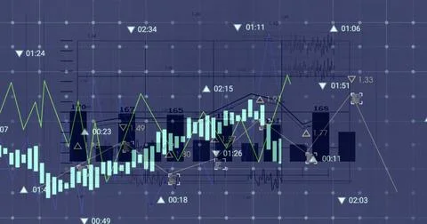 Image of financial data processing and statistics over dark background Stock Photos