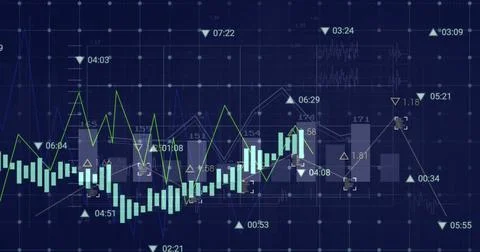 Image of financial data processing and statistics over dark background Stock Photos