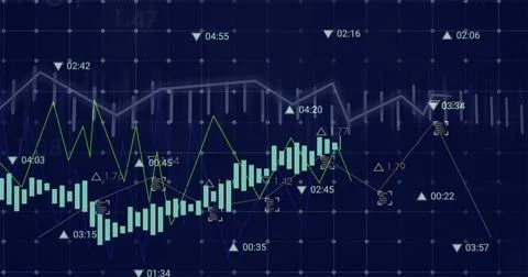Image of financial data processing and statistics over dark background Stockfoto's