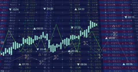 Image of financial data processing and statistics over dark background 스톡 사진