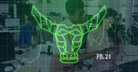 Image of financial data processing and bull icon over diverse colleagues working Stock Photos