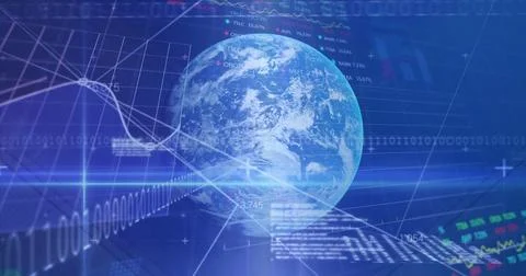 Image of financial data processing and globe over blue background Stock Photos