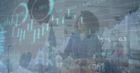 Image of financial data processing and cityscape over diverse colleagues shaking Stock Photos