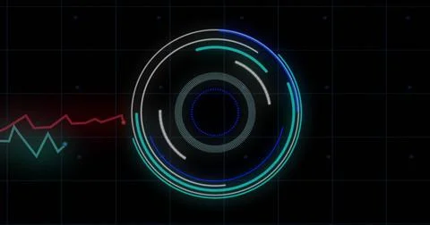 Image of financial data processing and scope scanning over black background Stock Photos