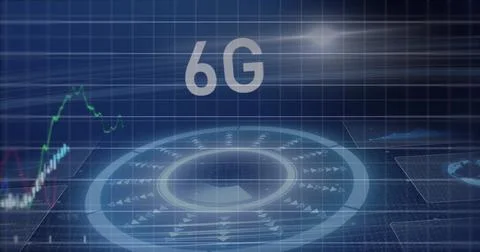 Image of financial data processing and scope scanning with 6g on blue background Stockfoto's