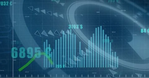 Image of financial data processing and scope scanning on blue background Stock Photos