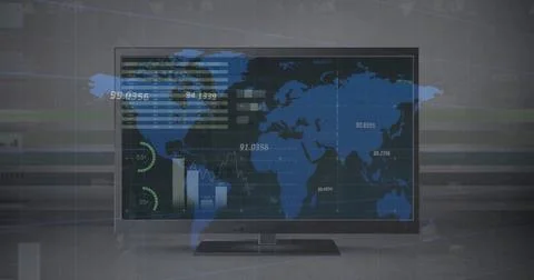 Image of financial data processing and world map over computer screen 스톡 사진