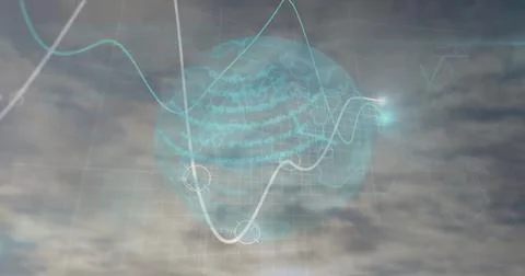 Image of financial data processing and globe over sky with clouds Stock Photos