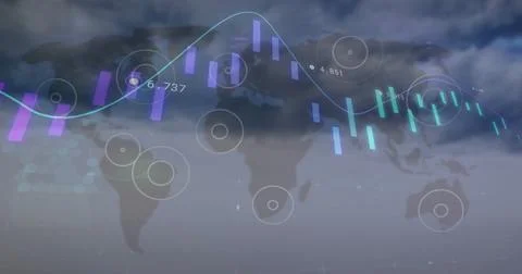 Image of financial data processing and world map over sky with clouds Fotos de archivo