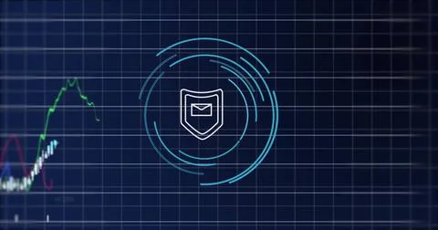 Image of financial data processing and scope scanning over blue background 스톡 사진