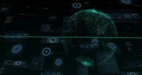 Image of financial data processing and globe over black background 스톡 사진