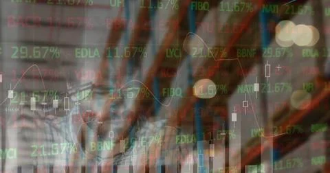 Image of financial data processing and stock market with caucasian man over Stockfoto's