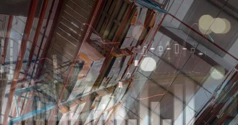 Image of financial data processing and caucasian man over empty warehouse 스톡 사진