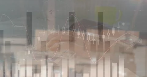 Image of financial data processing and hands of caucasian man over empty Stock Photos