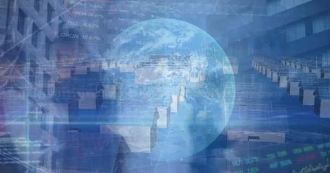 Image of financial data processing and globe over business people walking Stockfoto's