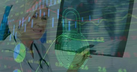 Image of financial data processing and biometric padlock over caucasian female 写真素材