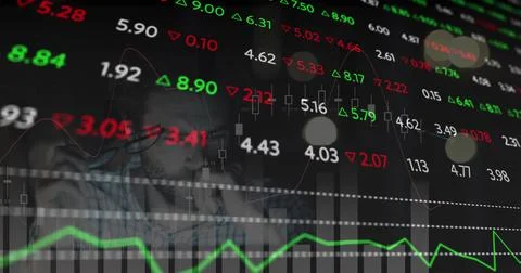 Image of financial data processing and stock market over caucasian man Stock Photos
